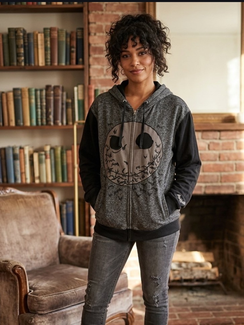 Disney Women's Charcoal & Black Zip-Up Hoodie with Graphic Skull
